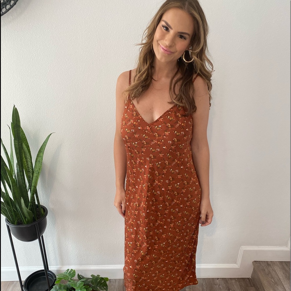 Rust colored floral midi dress